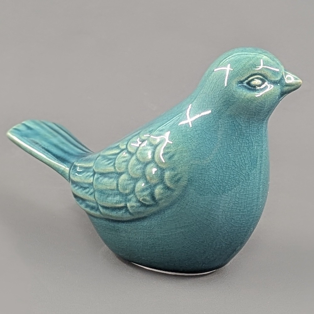 Teal Blue Crackle Glaze Ceramic Bird Figurine Decorative Accent 4.25"x6.5"